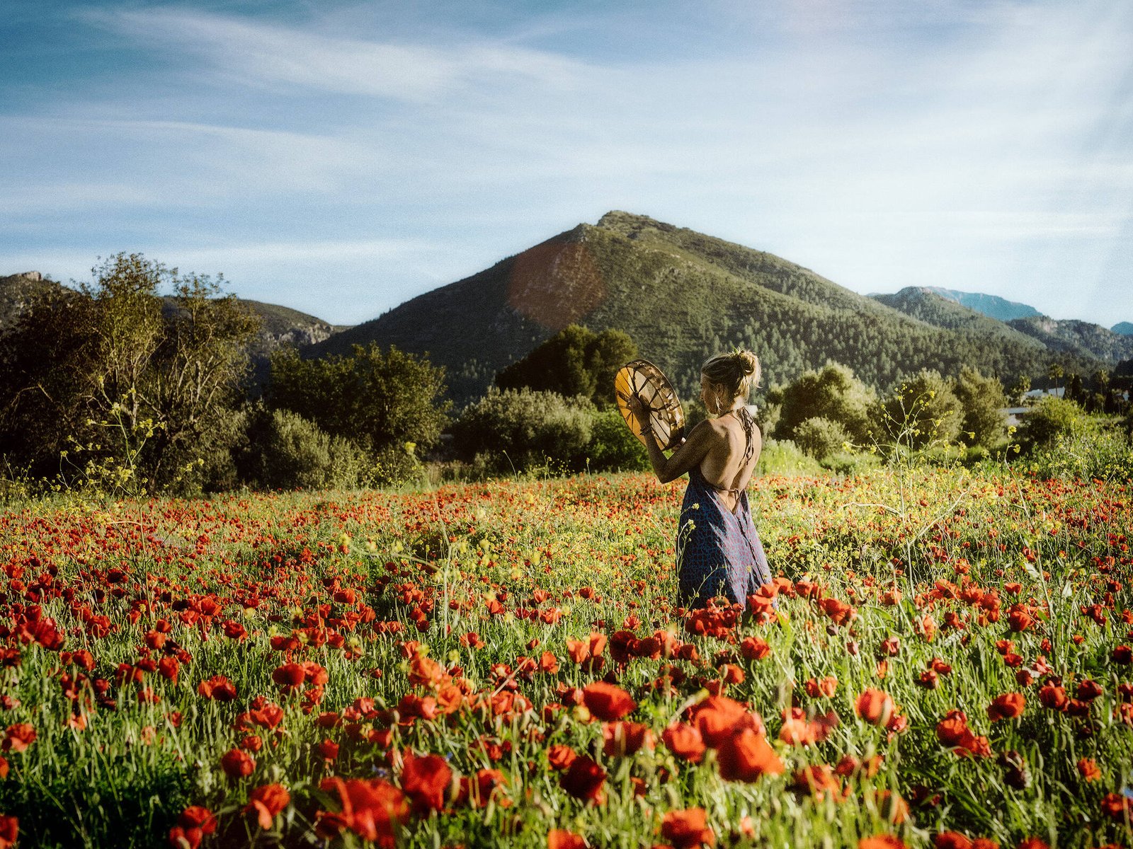 Intuition, Bauchgefühl, weibliche Selbstermächtigung, Frau steht inmitten einem feuerroten Mohnblumenfeld